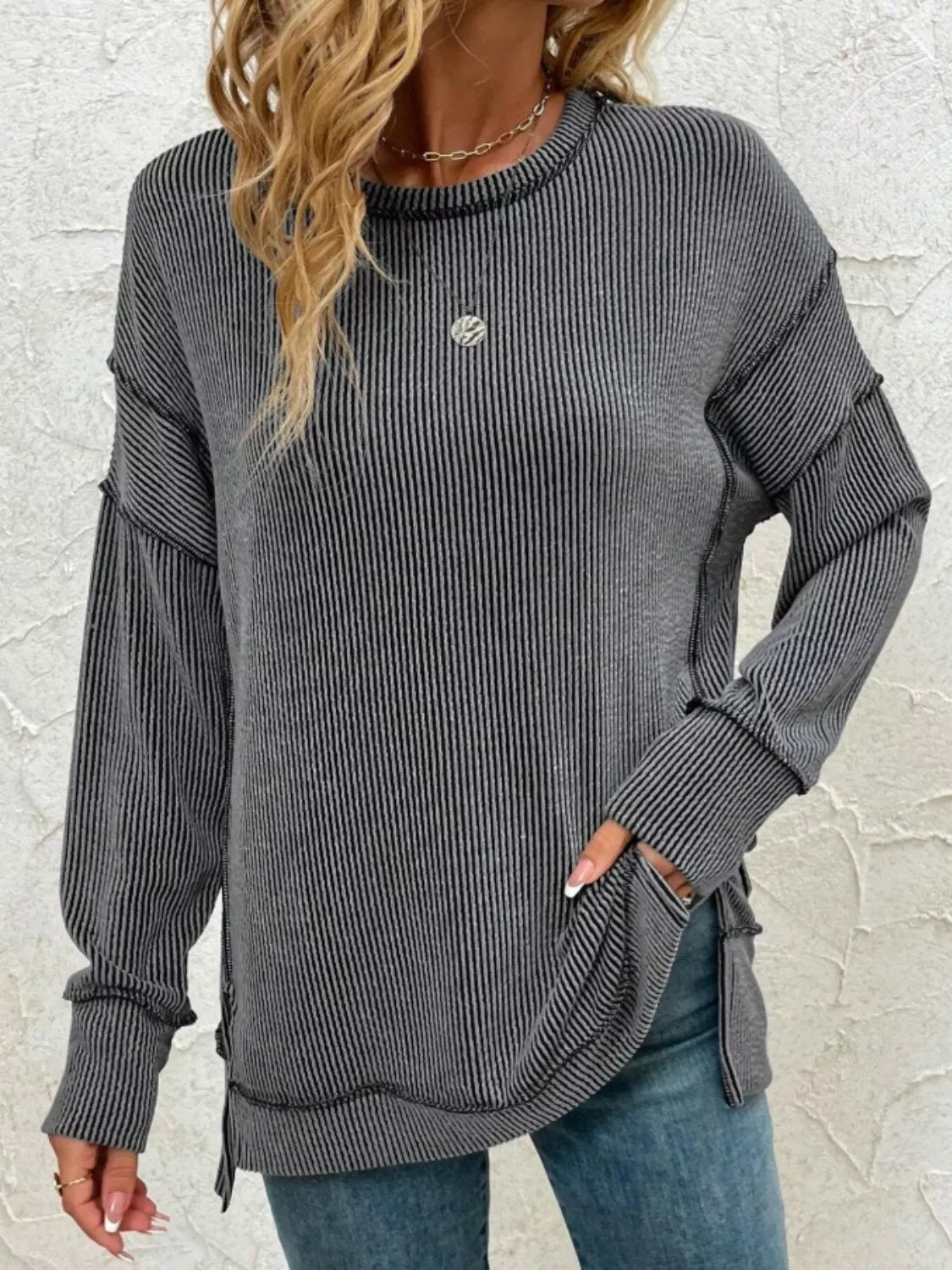 Side Slit Round Neck Sweatshirt - PBNJ FASHIONS