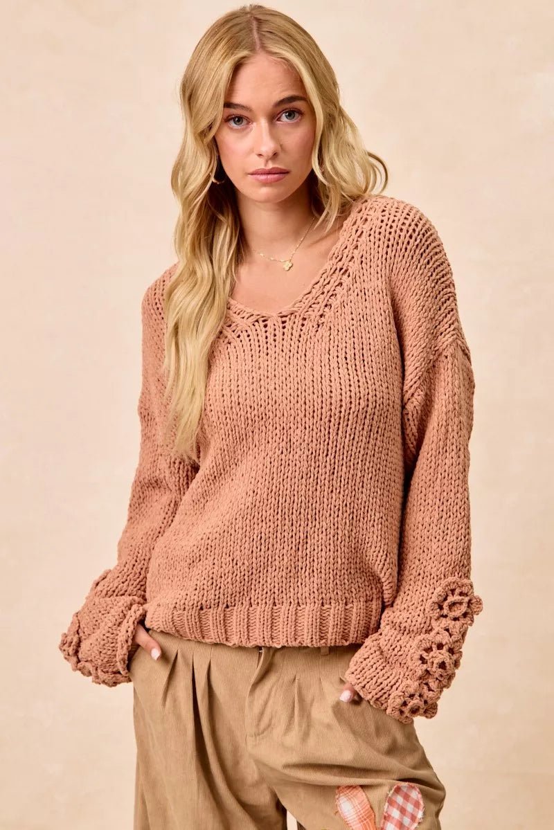 BiBi Chunky Knit Sweater with Flower Detail Sleeves - PBNJ FASHIONS