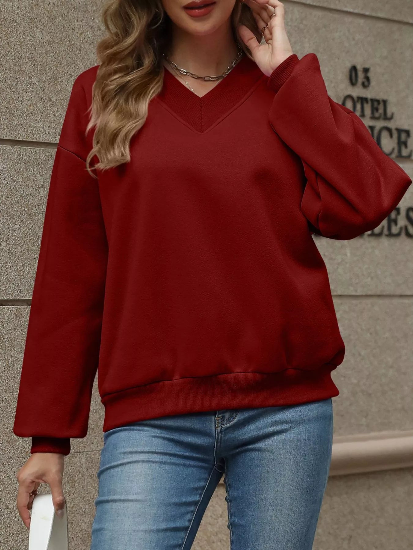 V - Neck Solid Color Casual Sweatshirt - PBNJ FASHIONS