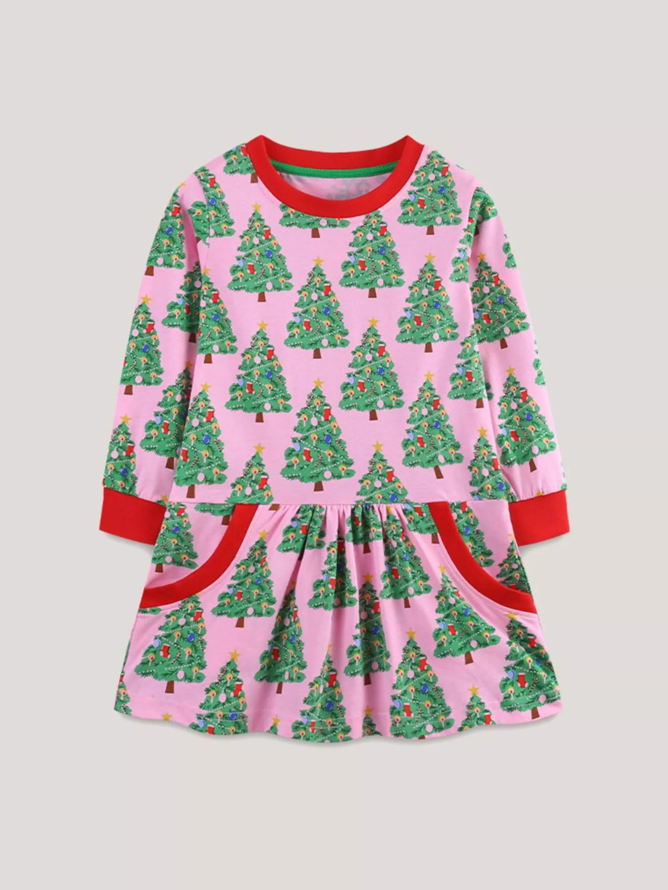 Children's Christmas Tree Print Long Sleeve Dress - PBNJ FASHIONS