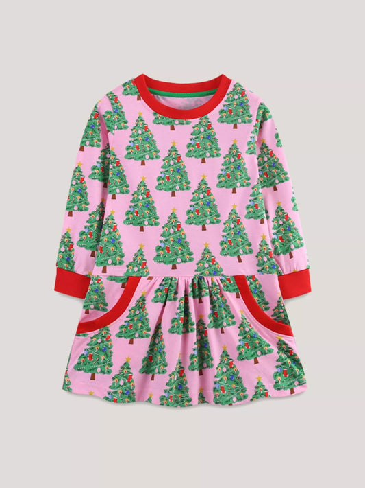 Children's Christmas Tree Print Long Sleeve Dress - PBNJ FASHIONS