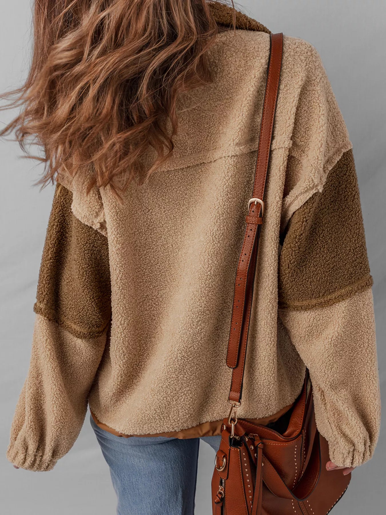 Color Block Patchwork Half Button Sherpa Sweatshirt - PBNJ FASHIONS