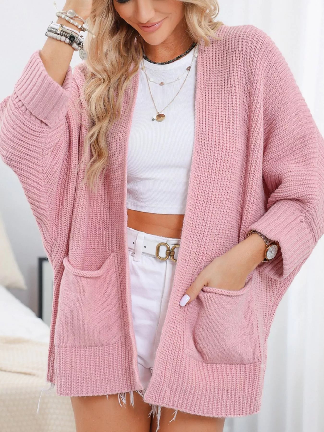 Cozy Chunky Knit Cardigan Sweater - Dusty PinkS