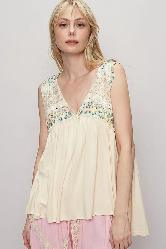POL Lace Detail Frill Floral V - Neck Sleeveless Top - PBNJ FASHIONS