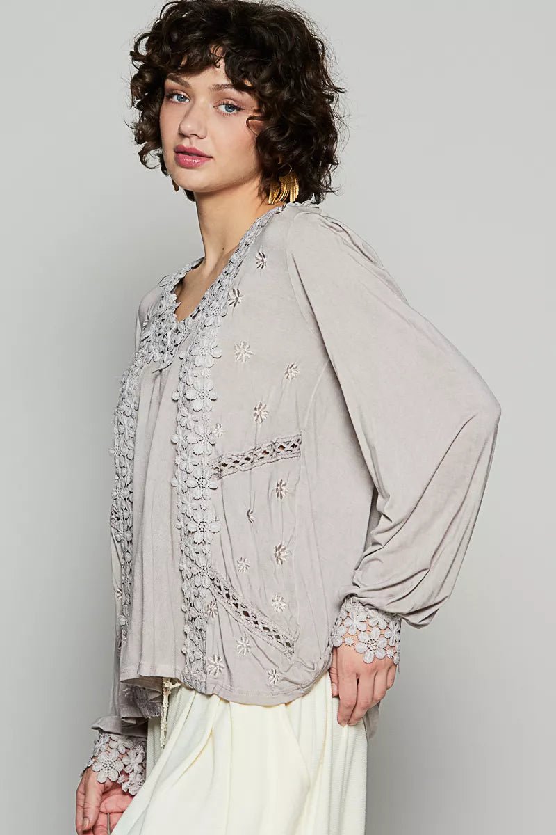 POL Floral Embroidery Woven Top with Lace Trim - PBNJ FASHIONS