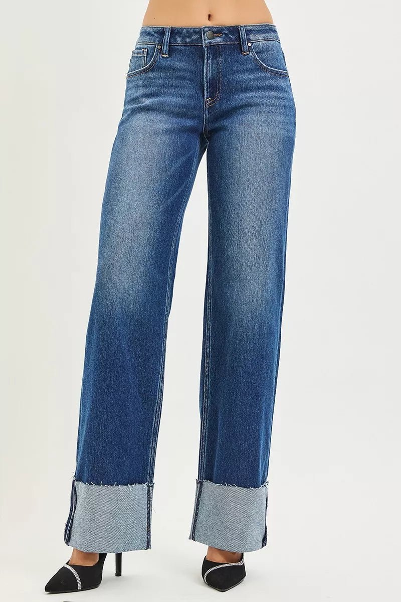 RISEN Mid Rise Wide Straight Jeans With Wide Cuff - PBNJ FASHIONS