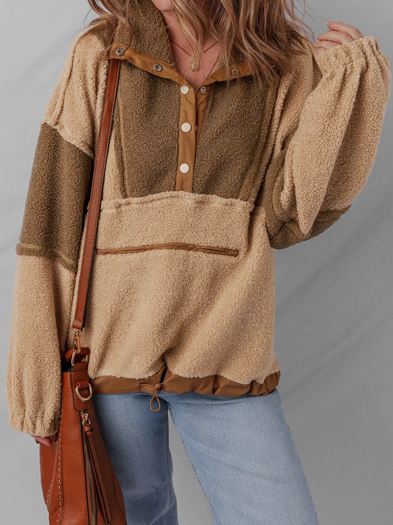 Color Block Patchwork Half Button Sherpa Sweatshirt - PBNJ FASHIONS