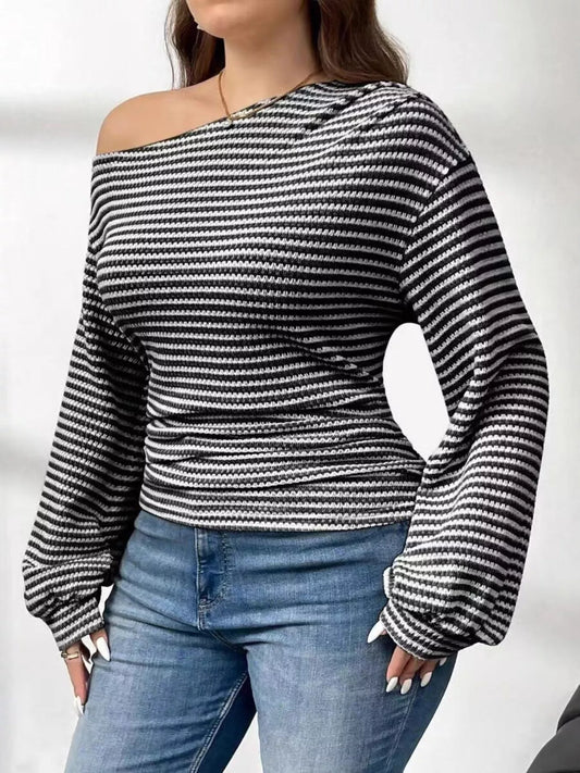 Plus Size Striped One - Shoulder Long Sleeve T-Shirt - PBNJ FASHIONS
