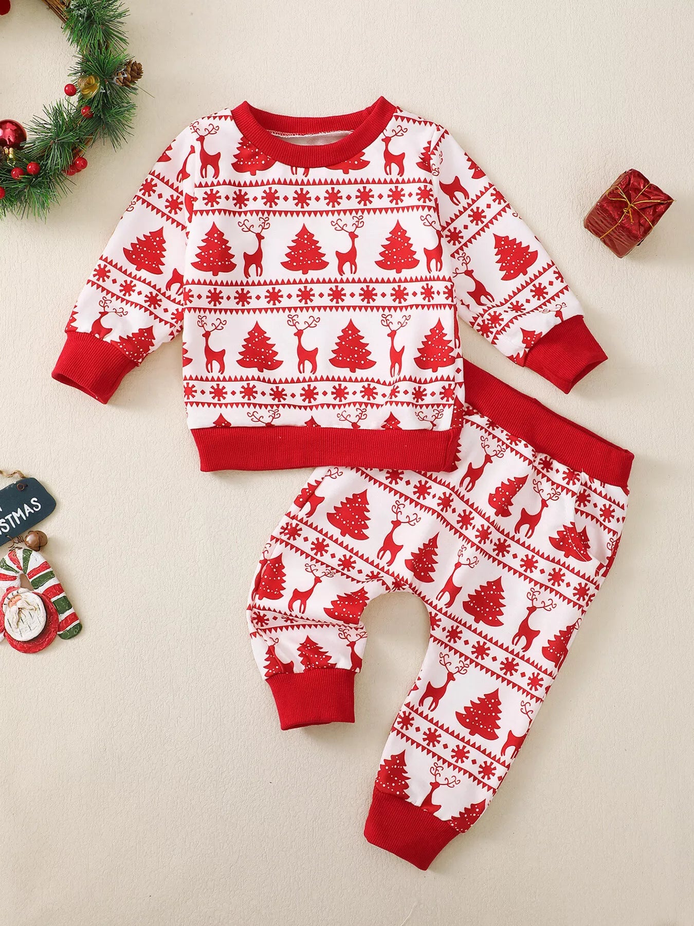 Children's Christmas Reindeer & Tree Print Top and Pants Set - PBNJ FASHIONS