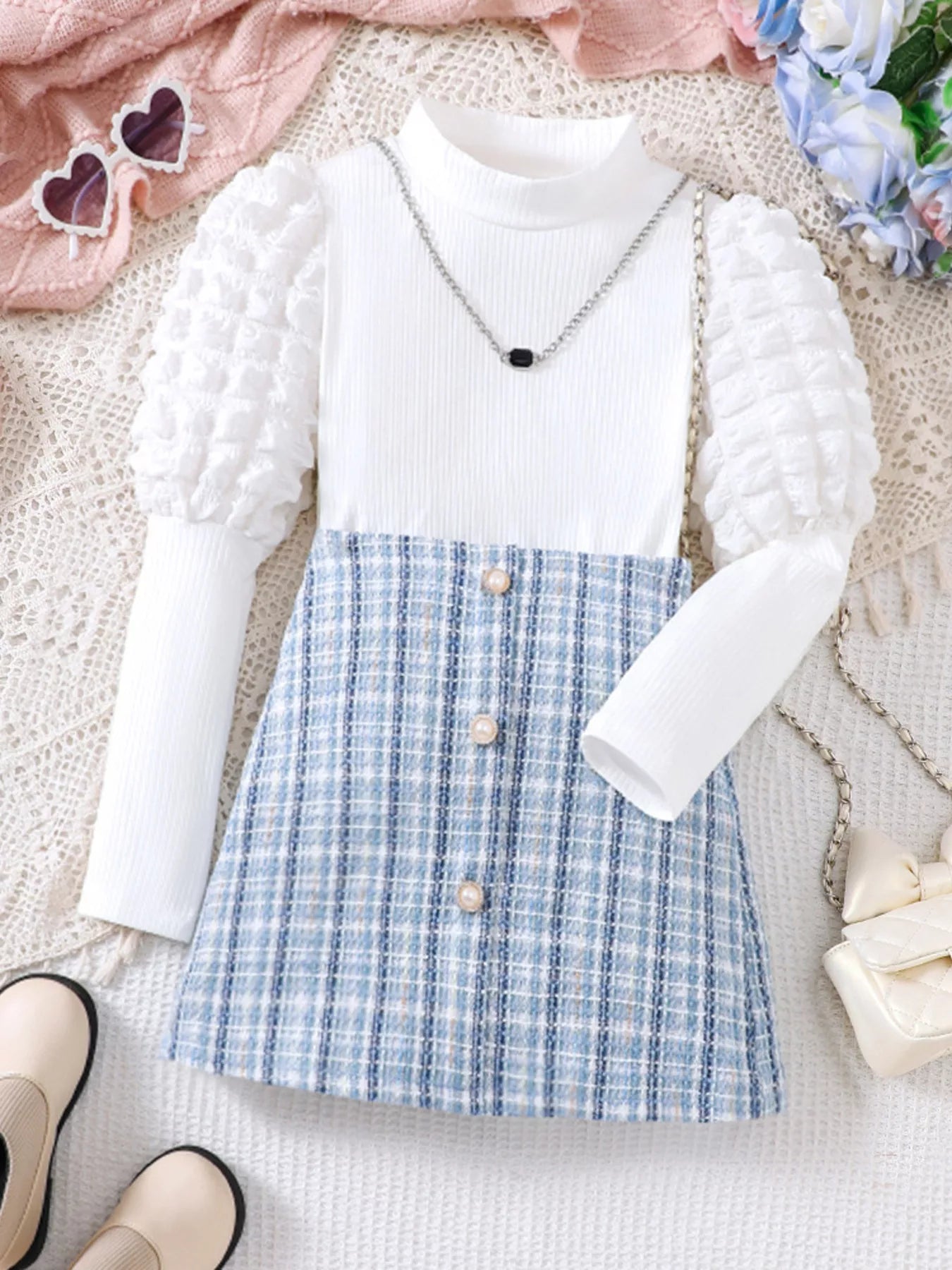 Children's Puff Sleeves Top and Plaid Skirt Set - PBNJ FASHIONS