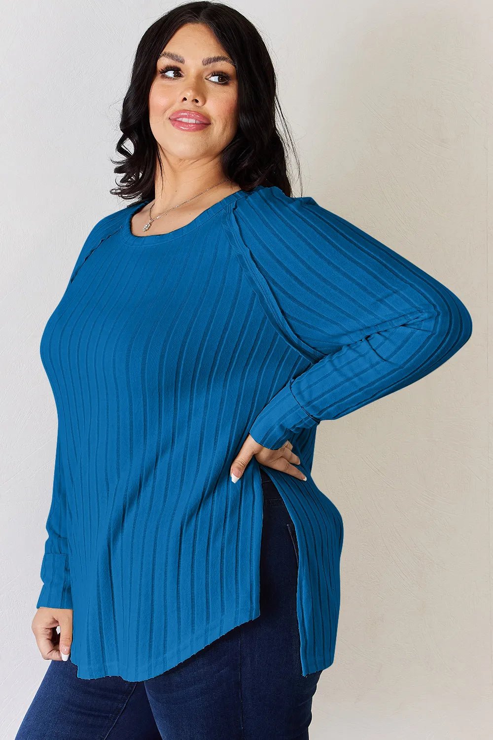 Basic Bae Full Size Ribbed Round Neck Slit T-Shirt - PBNJ FASHIONS