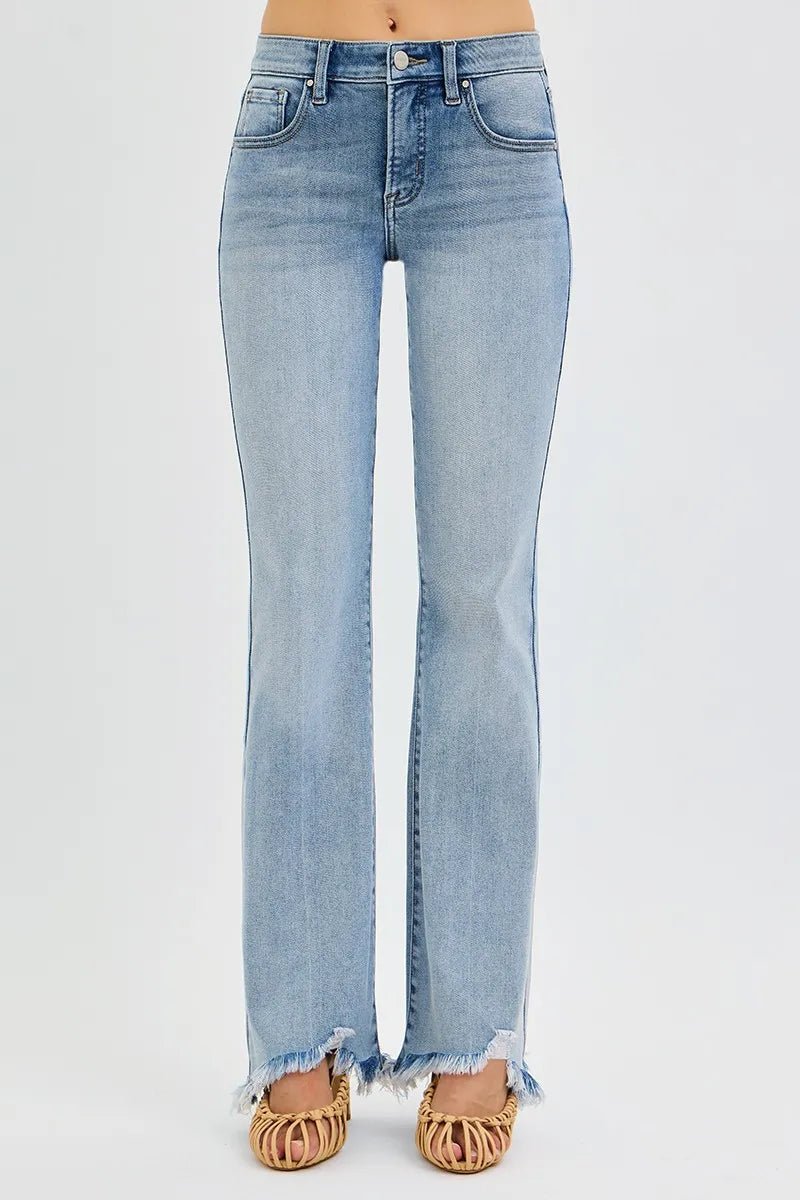 RISEN Full Size Tummy Control Mid Rise Flare Jeans with Fray Hem Detailed Plus Size - PBNJ FASHIONS