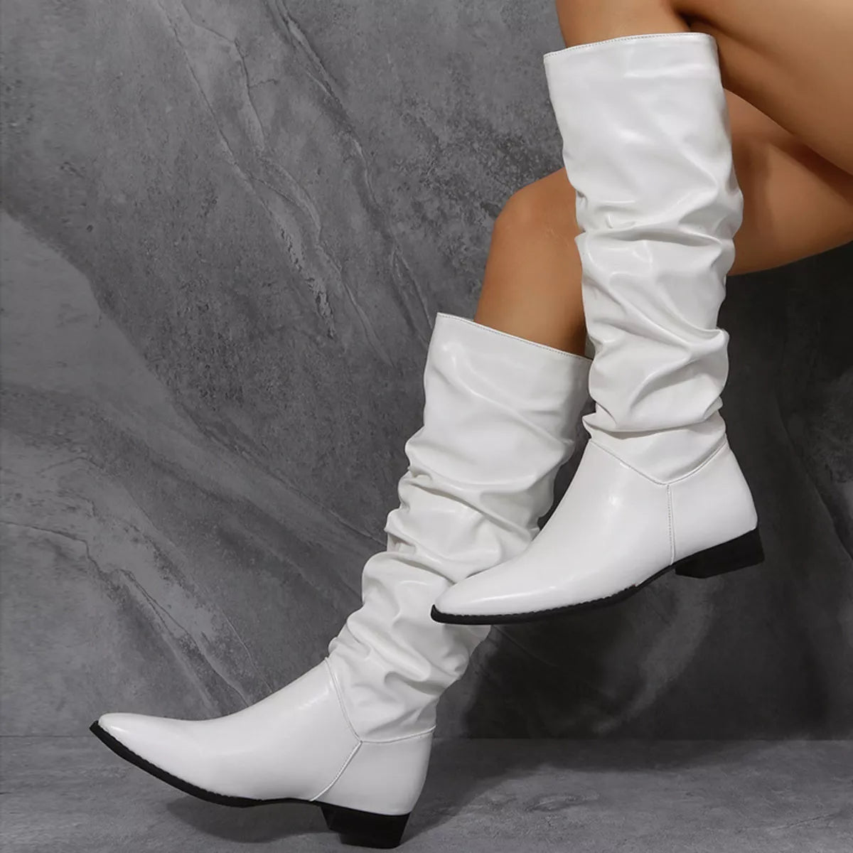 Slouchy Block Heel Boots PU Leather Rubber Low Heel Women's Booties - PBNJ FASHIONS
