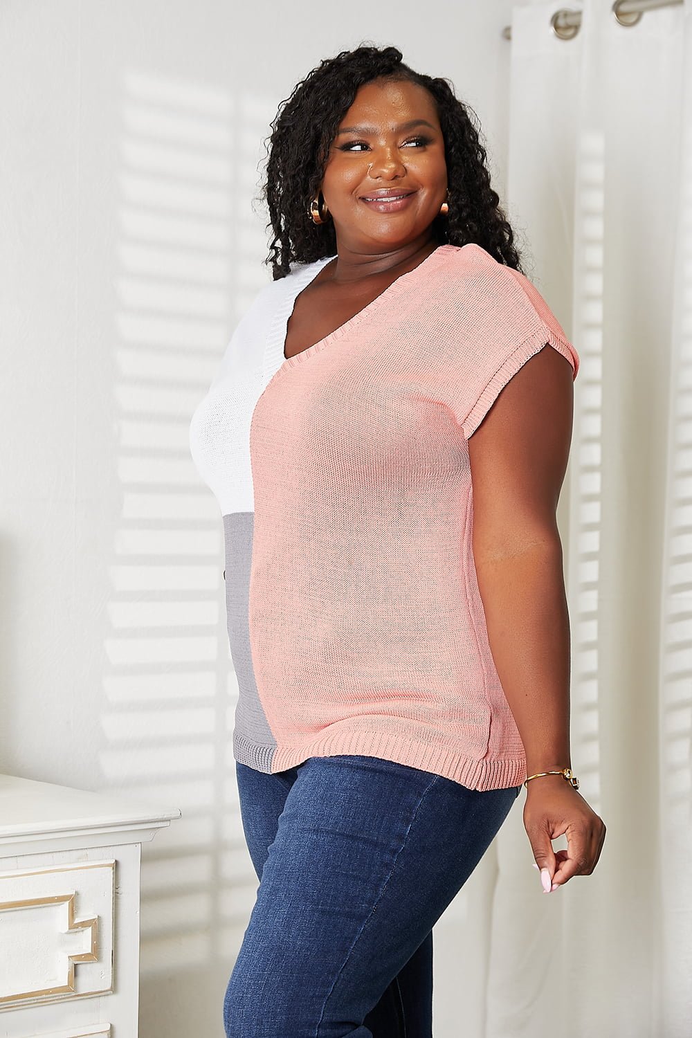 Color Block V - Neck Knit Top - PBNJ FASHIONS