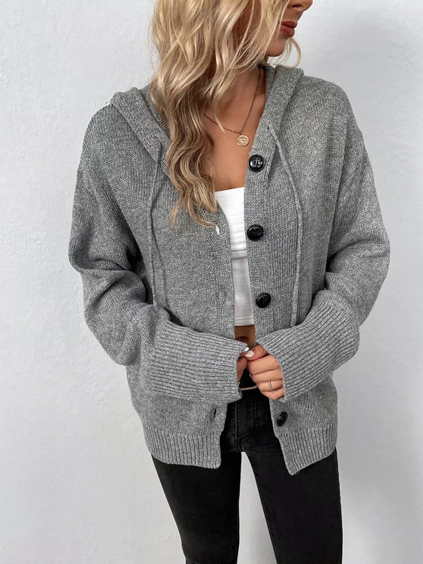 Full Size Cozy Knit Hooded Button - Down Cardigan Plus Size - PBNJ FASHIONS