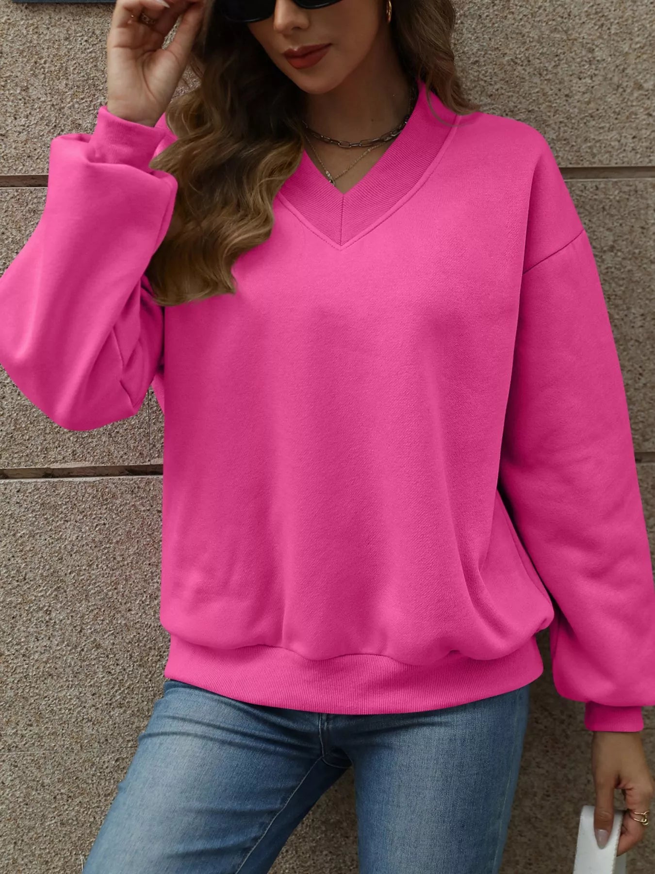 V - Neck Solid Color Casual Sweatshirt - PBNJ FASHIONS