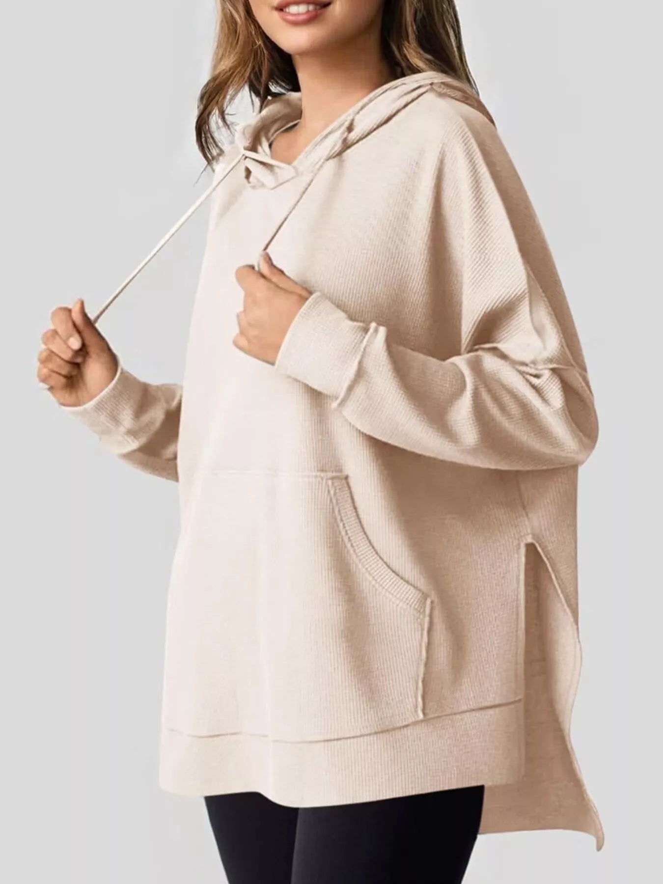 Oversized Drawstring Side Slit Hoodie - PBNJ FASHIONS