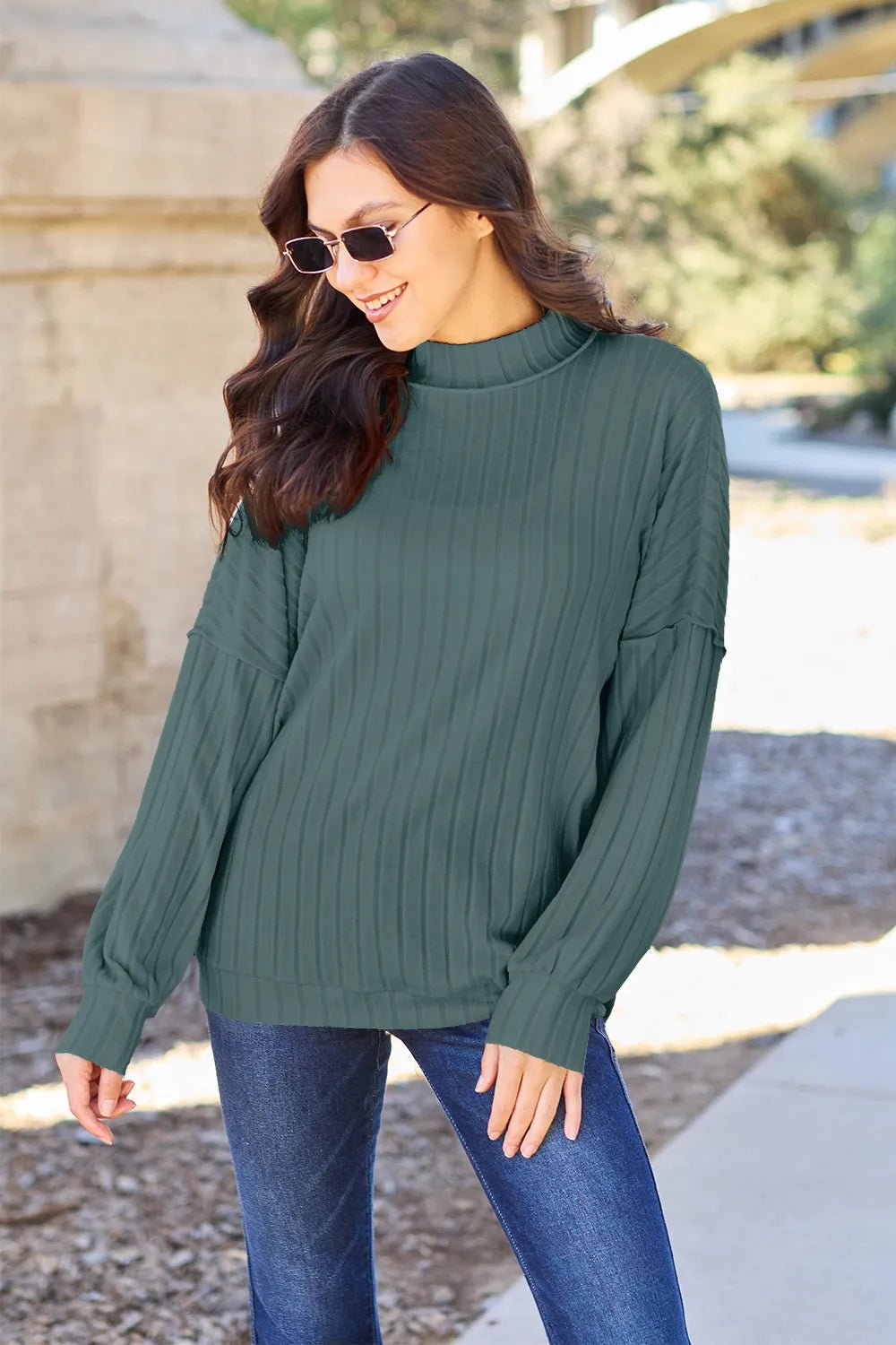 Basic Bae Full Size Ribbed Exposed Seam Mock Neck Knit Top - PBNJ FASHIONS