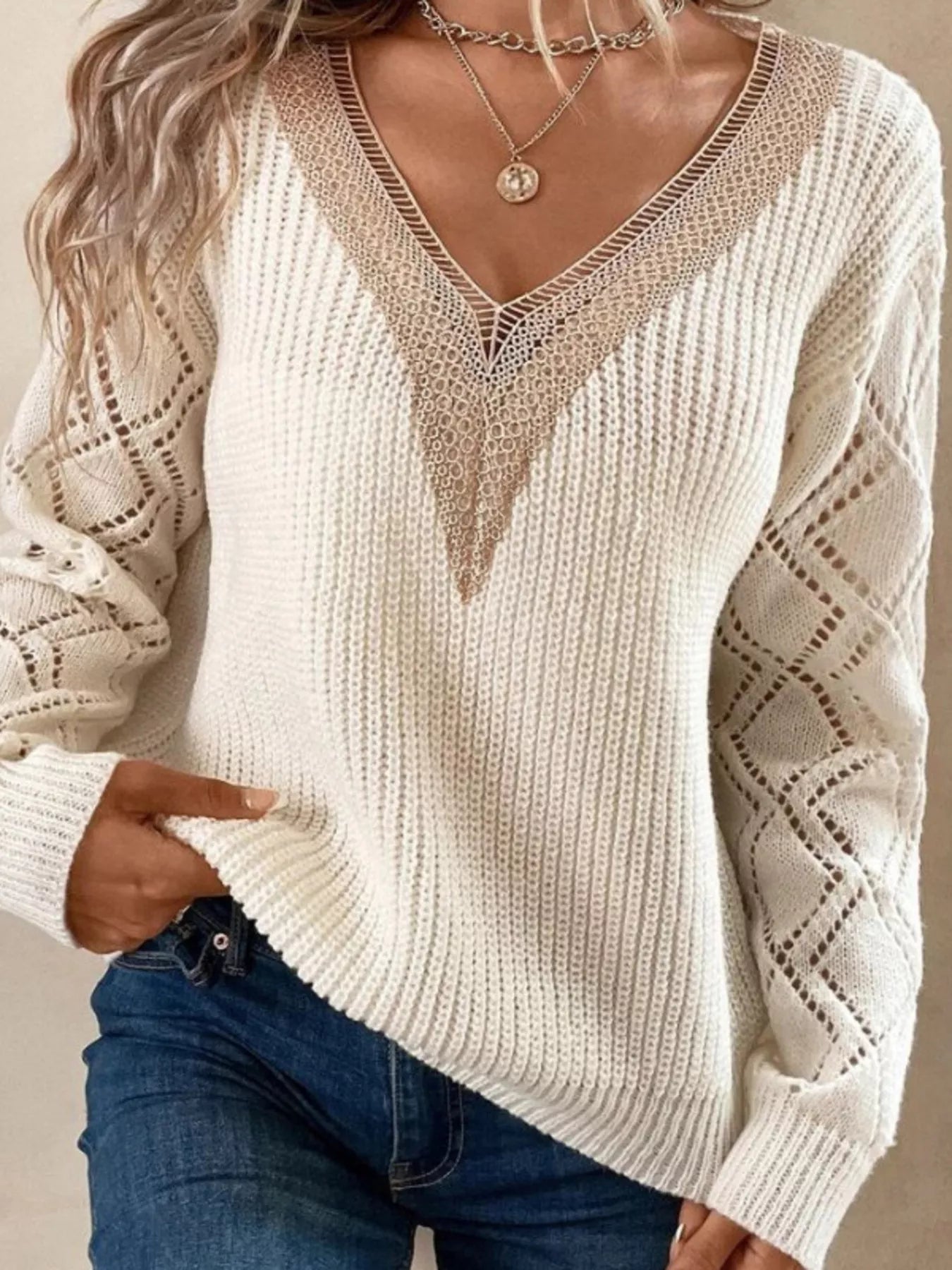 V - Neck Openwork Sweater - PBNJ FASHIONS