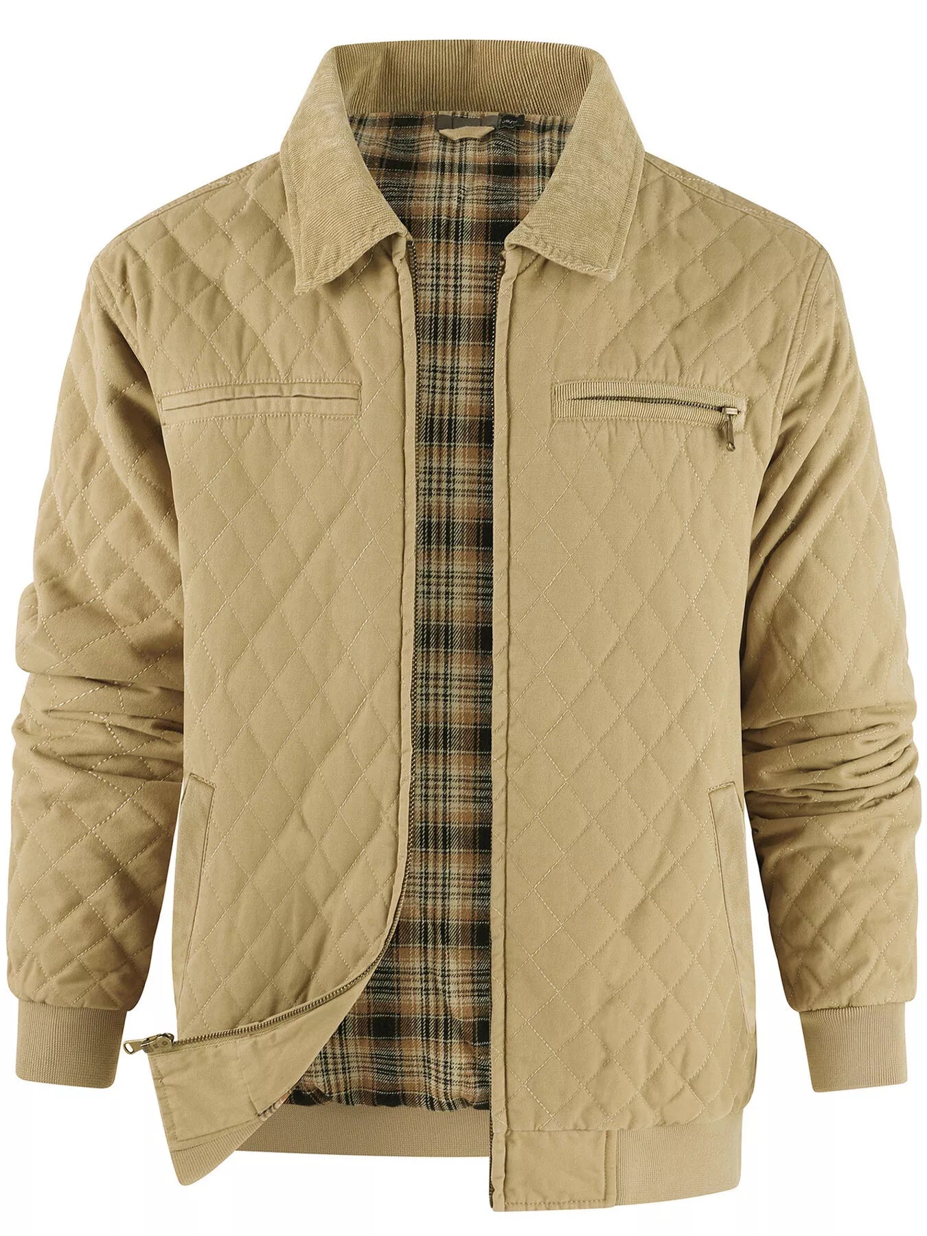 Men's Quilted Collared Neck Jacket with Plaid Lining - PBNJ FASHIONS