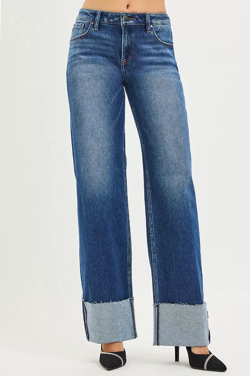 RISEN Mid Rise Wide Straight Jeans With Wide Cuff - PBNJ FASHIONS