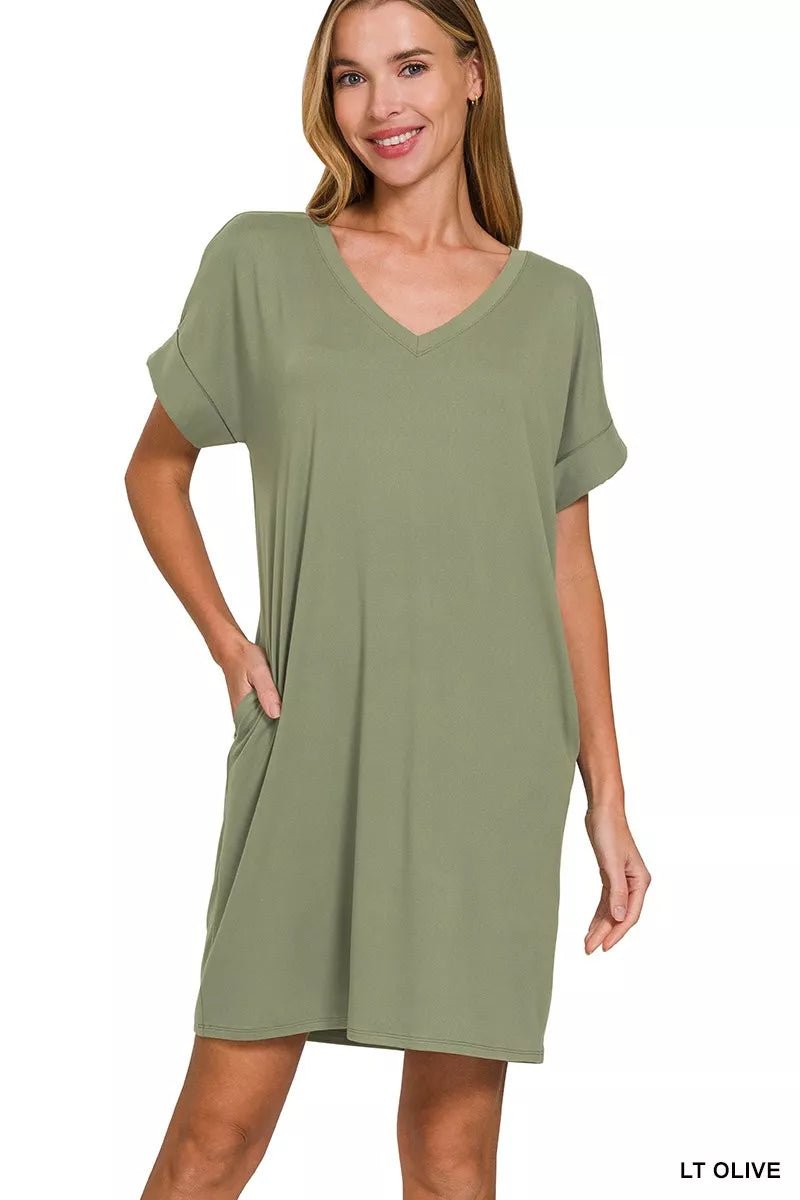 Zenana Brushed Dty Rolled Short Sleeve V - Neck Dress - PBNJ FASHIONS