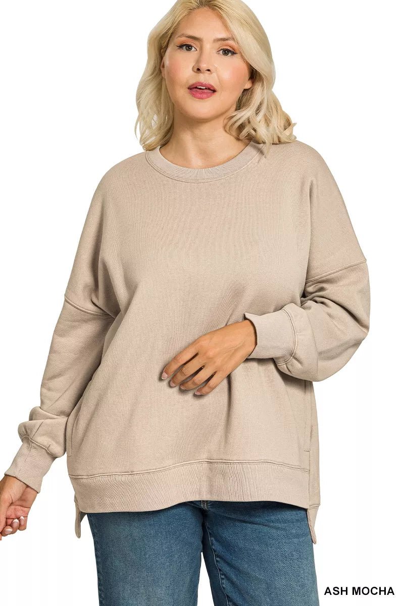 Zenana Full Size Fleece Hi - low Boyfriend Sweatshirts with Pockets Plus Size - PBNJ FASHIONS
