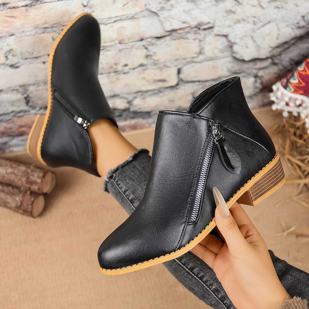 Chic Zip-Up Ankle Boots: Comfortable and Stylish with Block Heels for Effortless Fashion Statements - Black-36