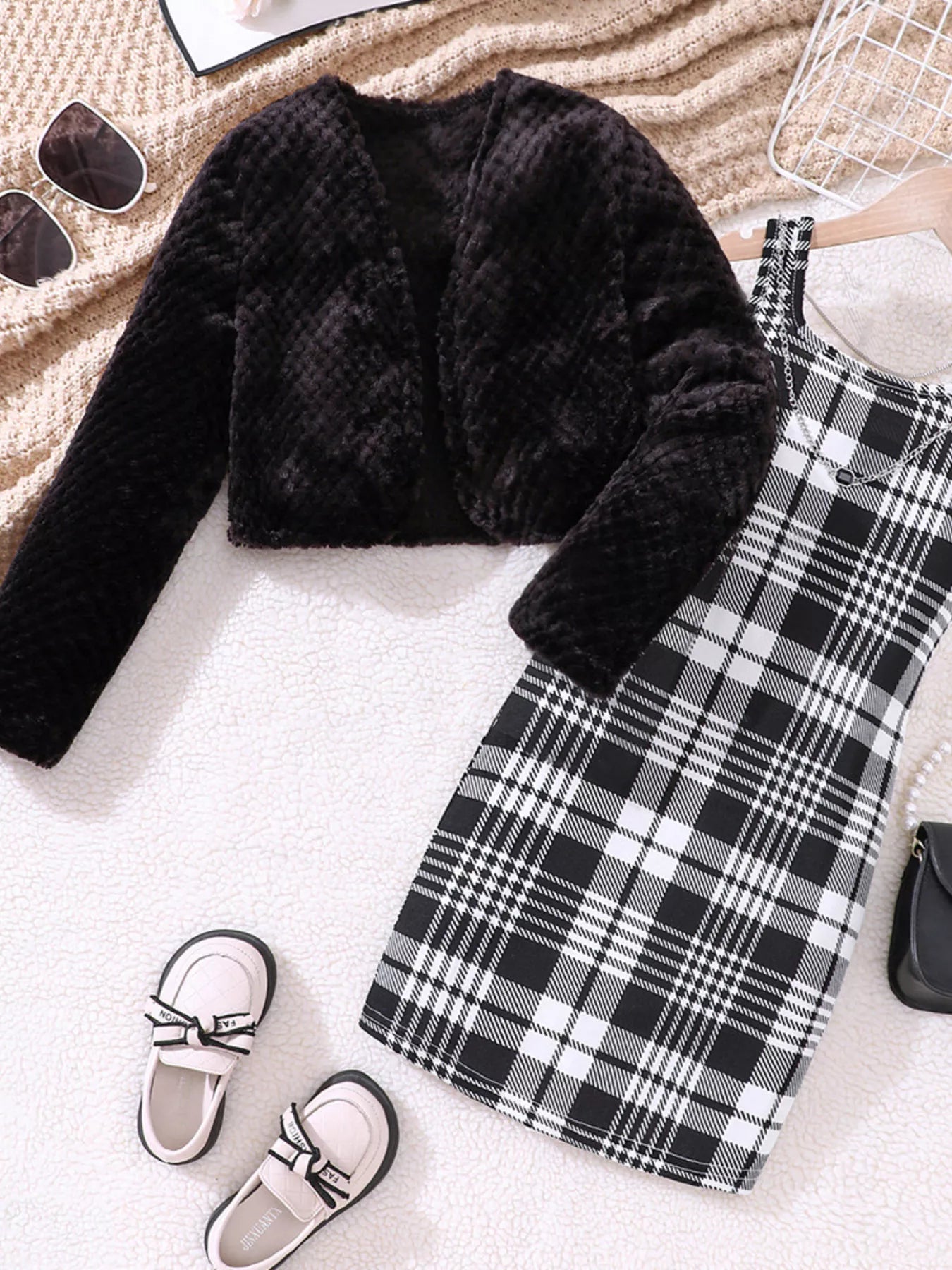Children's Fuzzy Cardigan & Plaid Dress Set - PBNJ FASHIONS