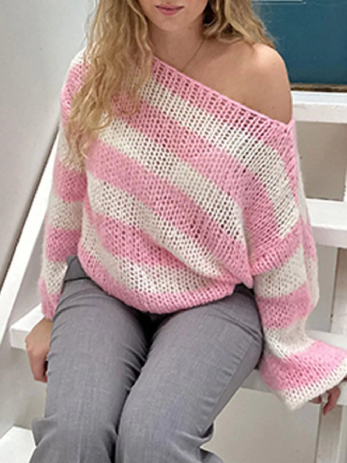 Striped Knit Long Sleeve Sweater - PBNJ FASHIONS