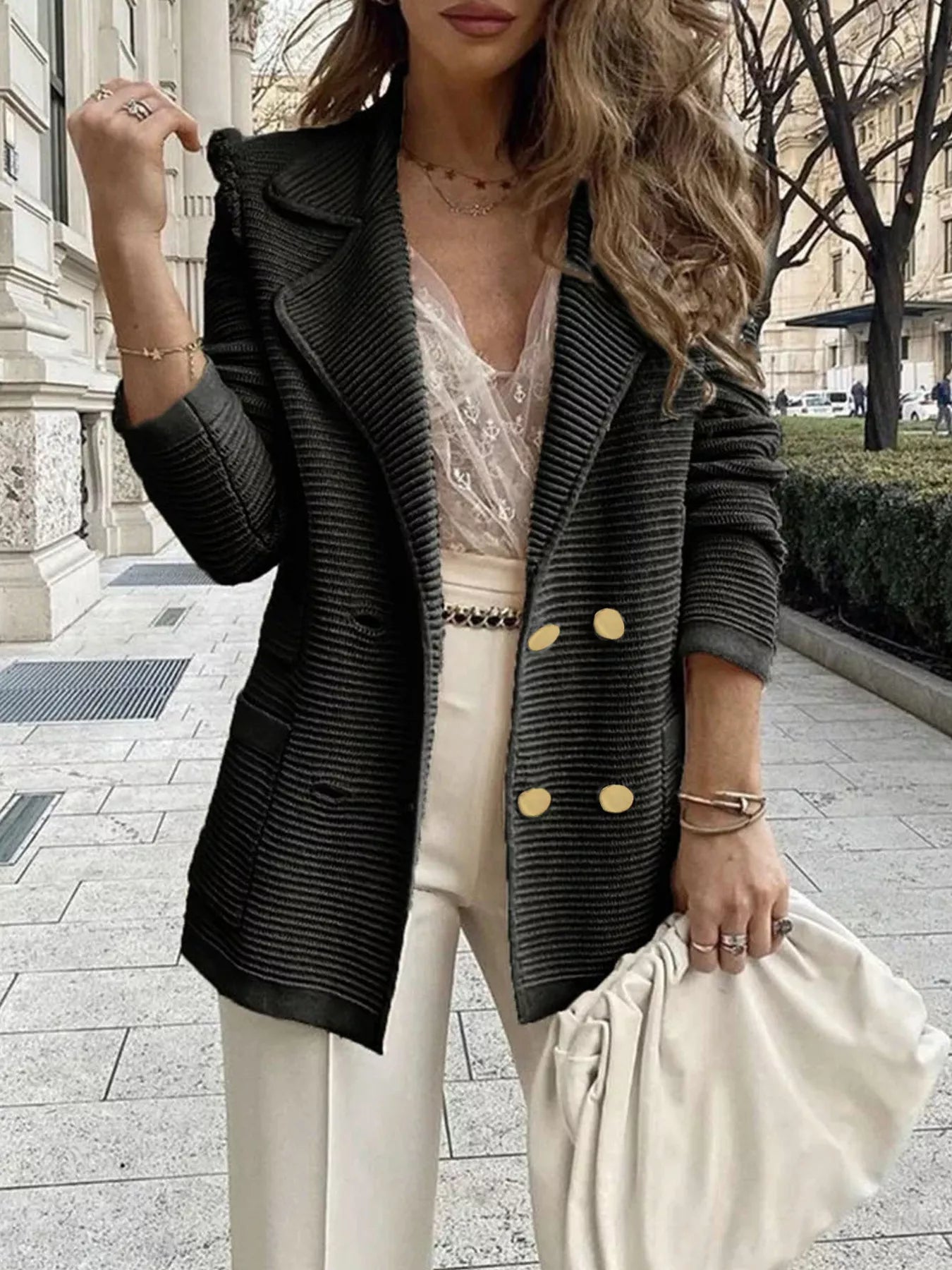 Texture Knit Double - Breasted Blazer - PBNJ FASHIONS