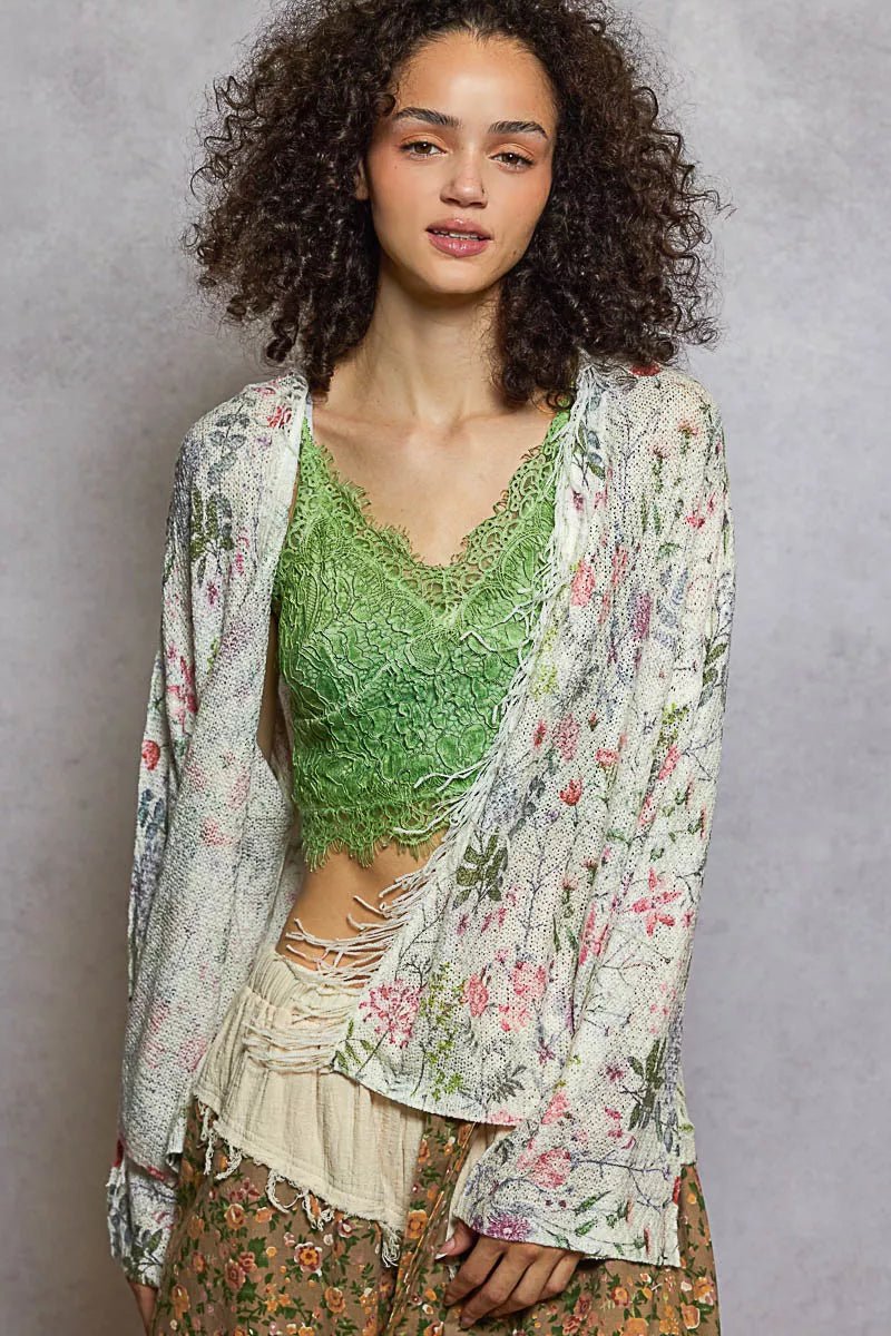 POL Open Front Floral Cardigan with Center Open Fringe - PBNJ FASHIONS