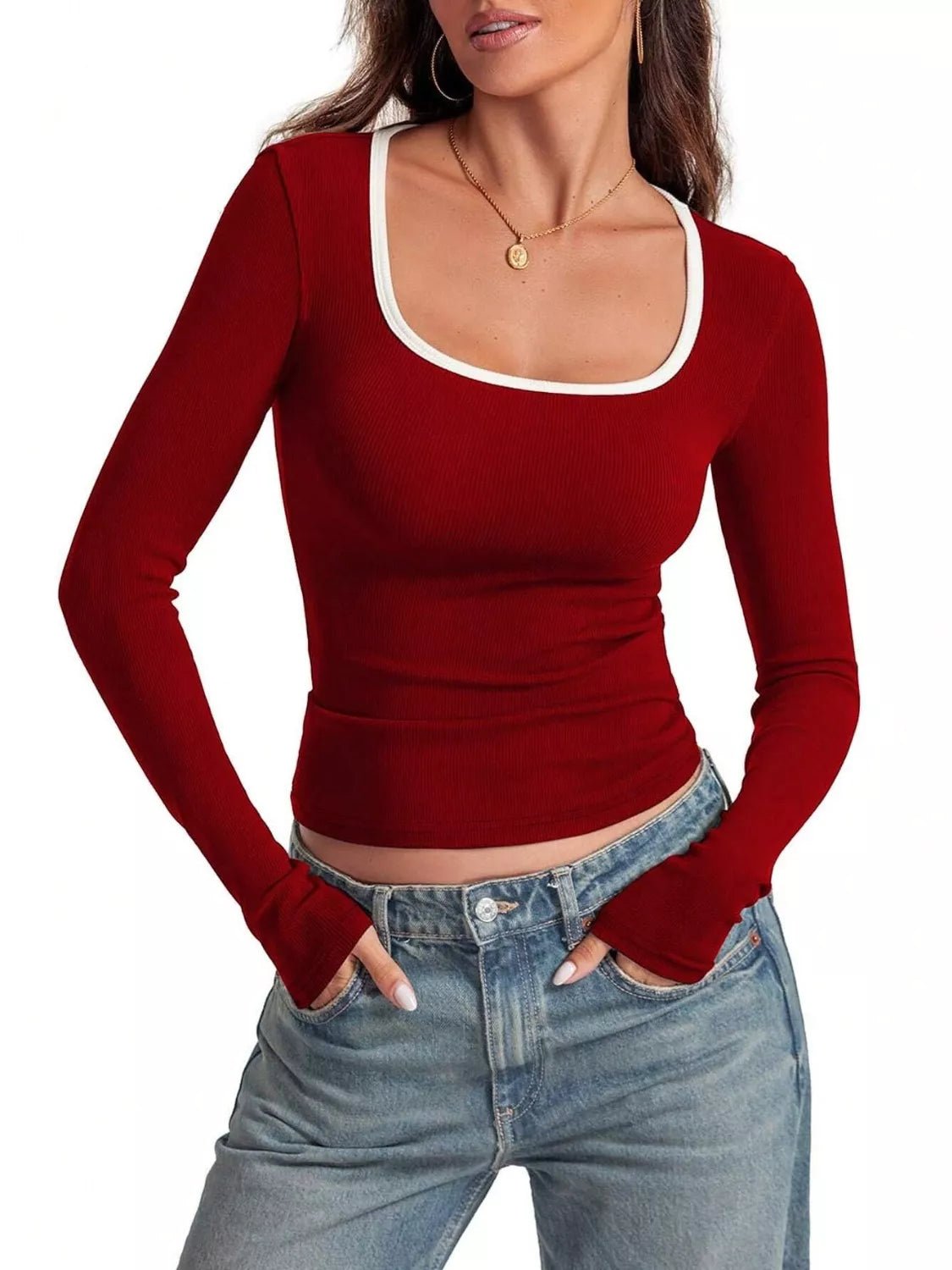 Contrast Trim Long Sleeve Top - PBNJ FASHIONS
