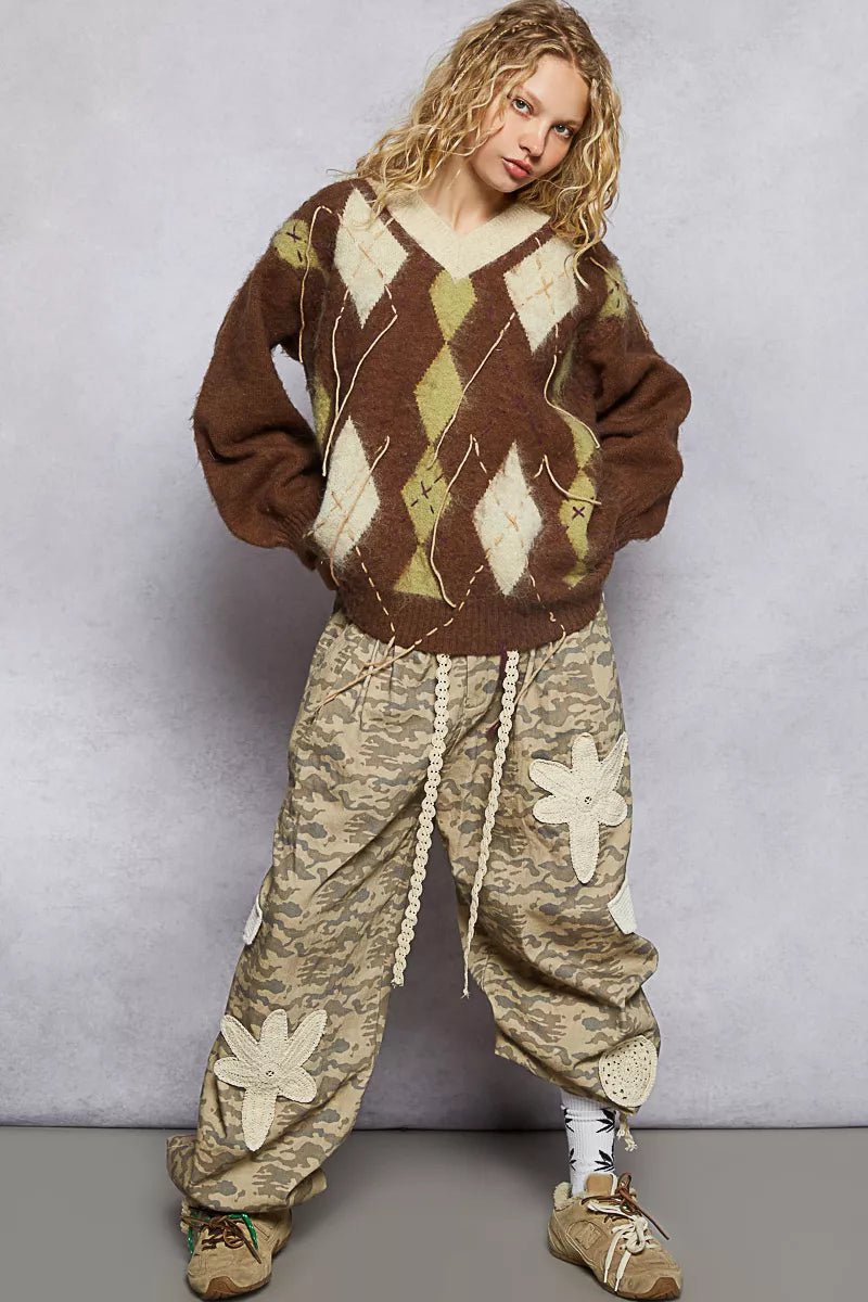 POL V - Neck Argyle Pattern Mohair Sweater with Contrast Exposed Stitch Detail - PBNJ FASHIONS