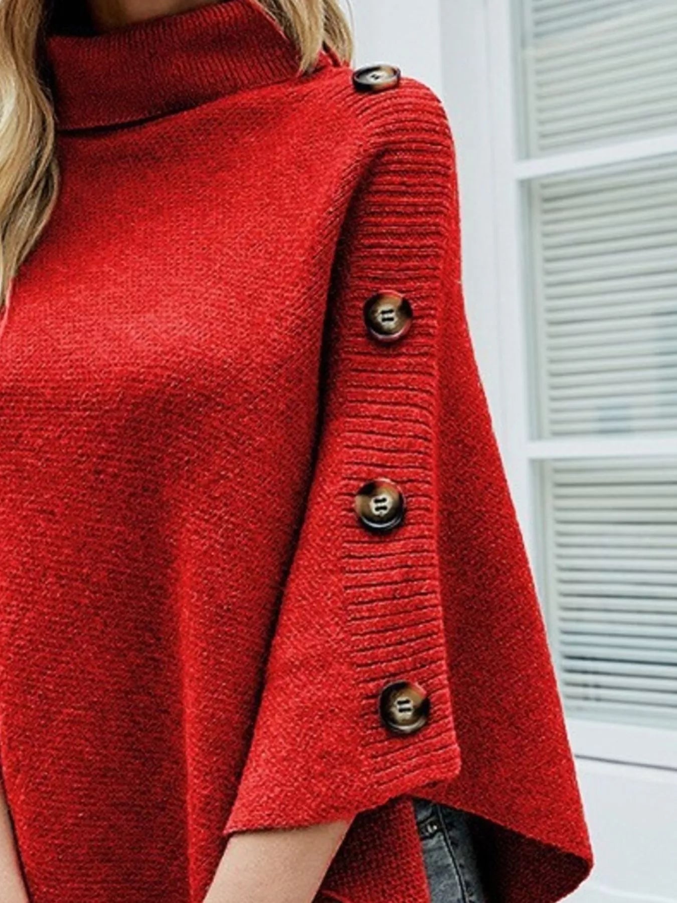 Button - Decor Turtleneck Poncho Pullover - PBNJ FASHIONS