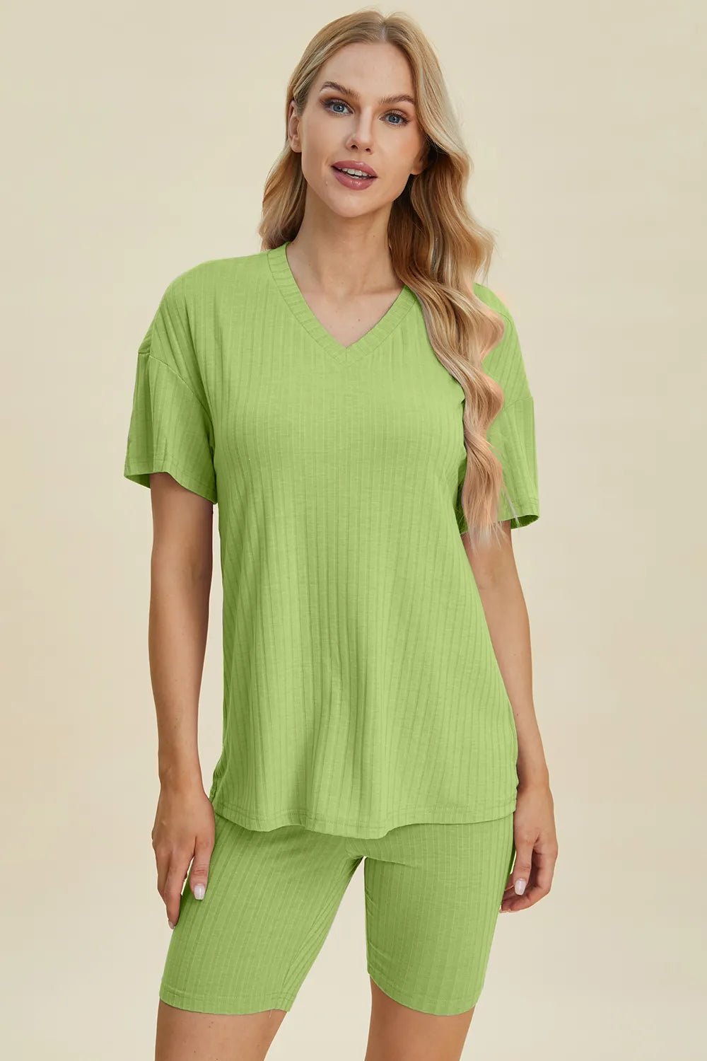 Basic Bae Full Size Ribbed V - Neck Short Sleeve Top and Shorts Set - PBNJ FASHIONS