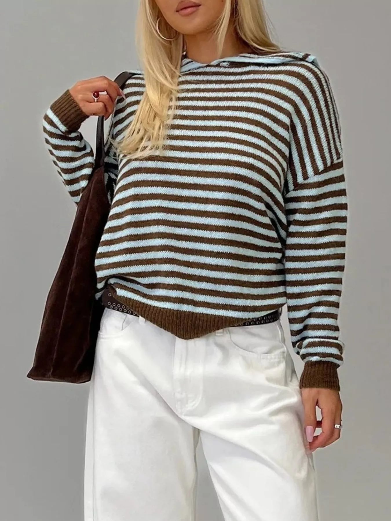 Striped Knit Dropped Shoulder Sweater - PBNJ FASHIONS
