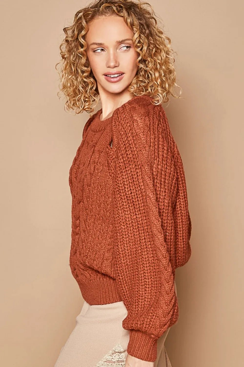 POL Cable Knit Cutout Long Sleeve Sweater - PBNJ FASHIONS
