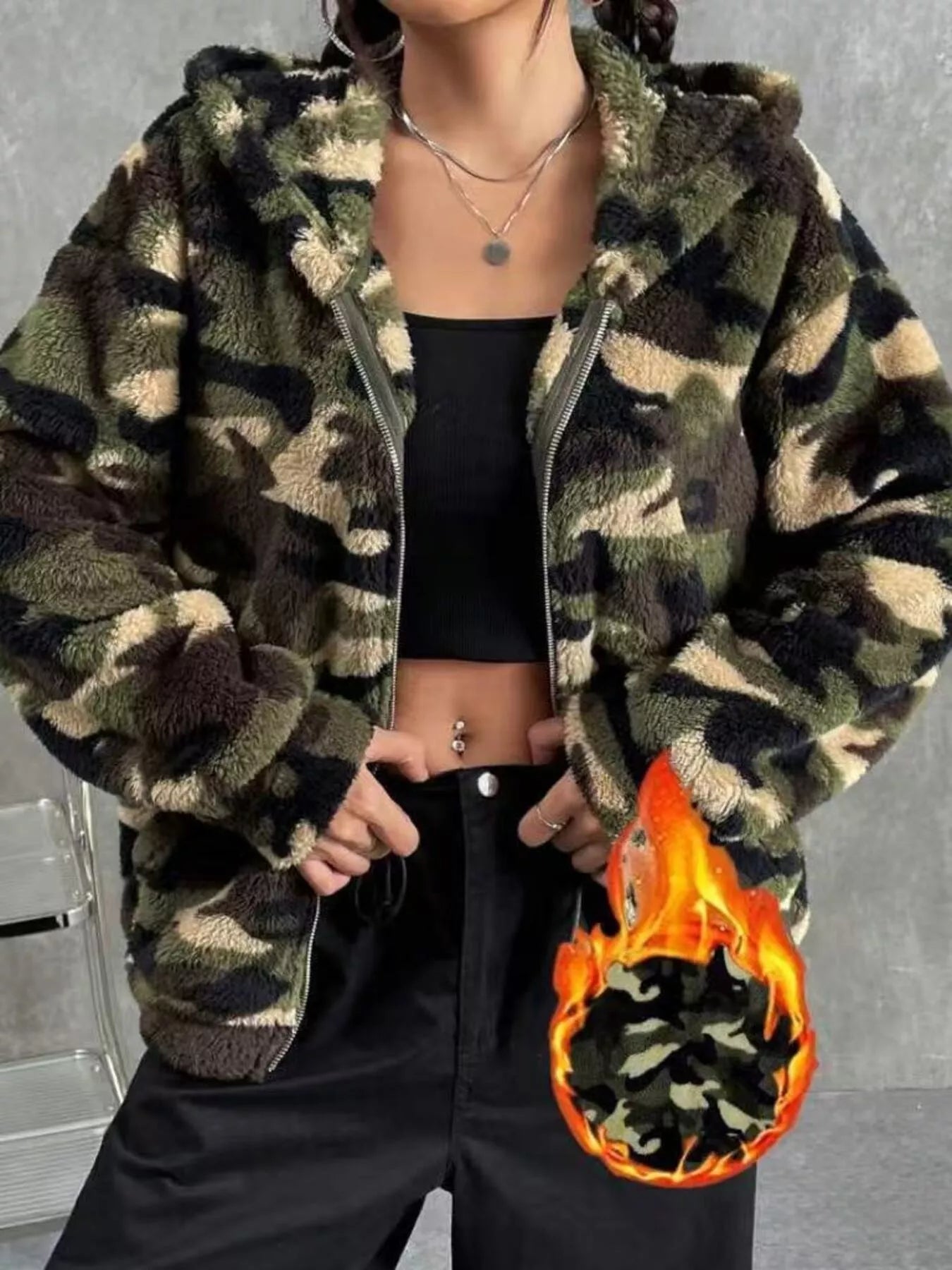 Fuzzy Camo Zip - Up Hoodie - PBNJ FASHIONS