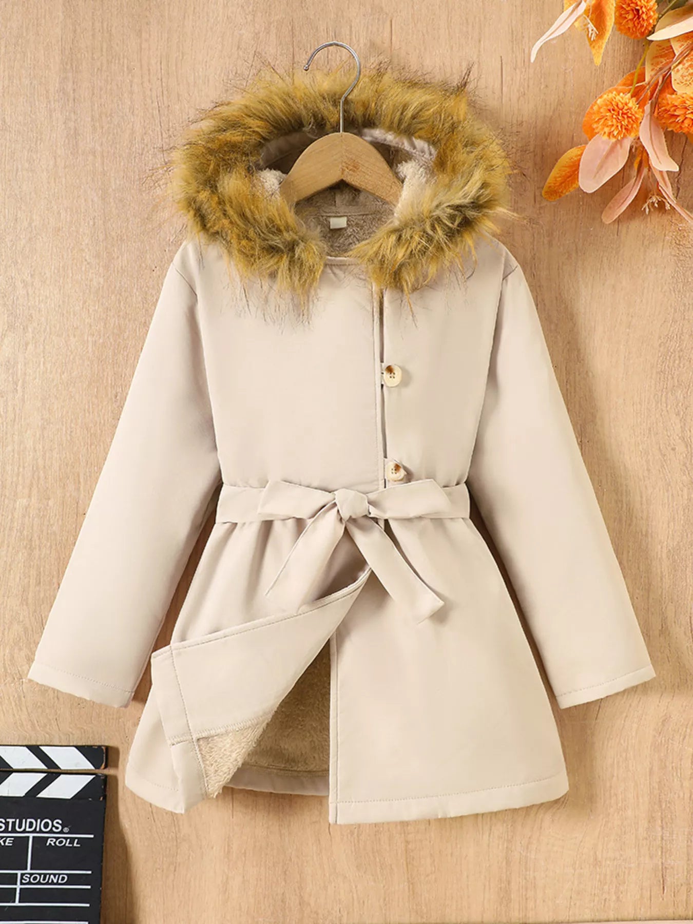 Children's Tie Waist Faux Fur Hooded Outerwear - PBNJ FASHIONS