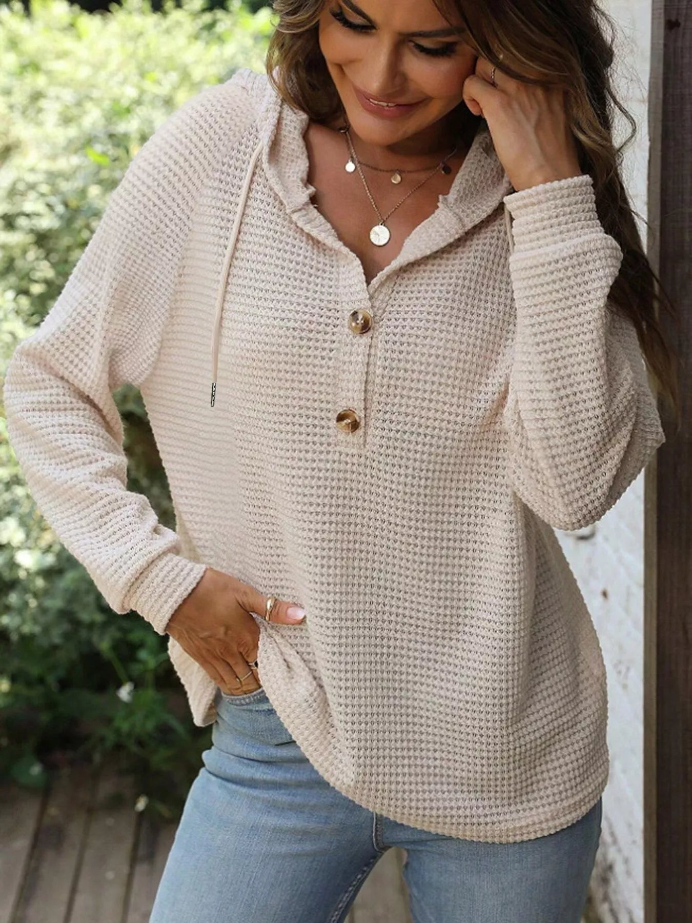 Waffle Knit Button Detail Hoodie - PBNJ FASHIONS