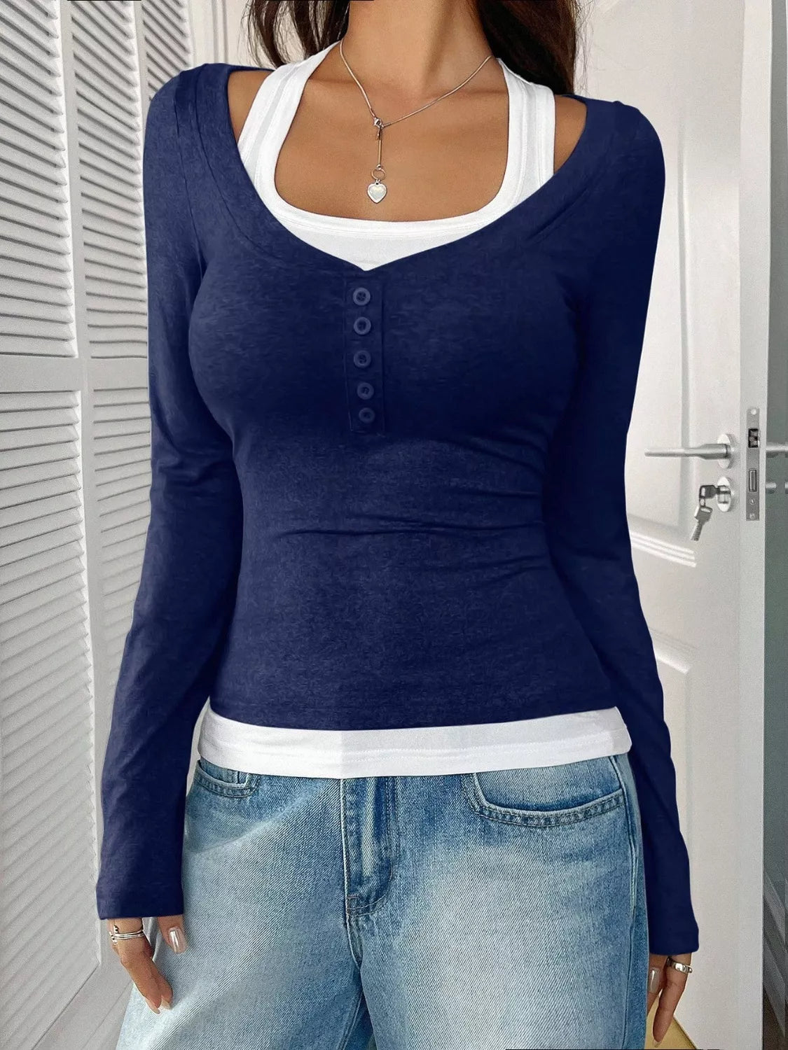 Contrast Long Sleeve Fake Two - Piece T-Shirt - PBNJ FASHIONS