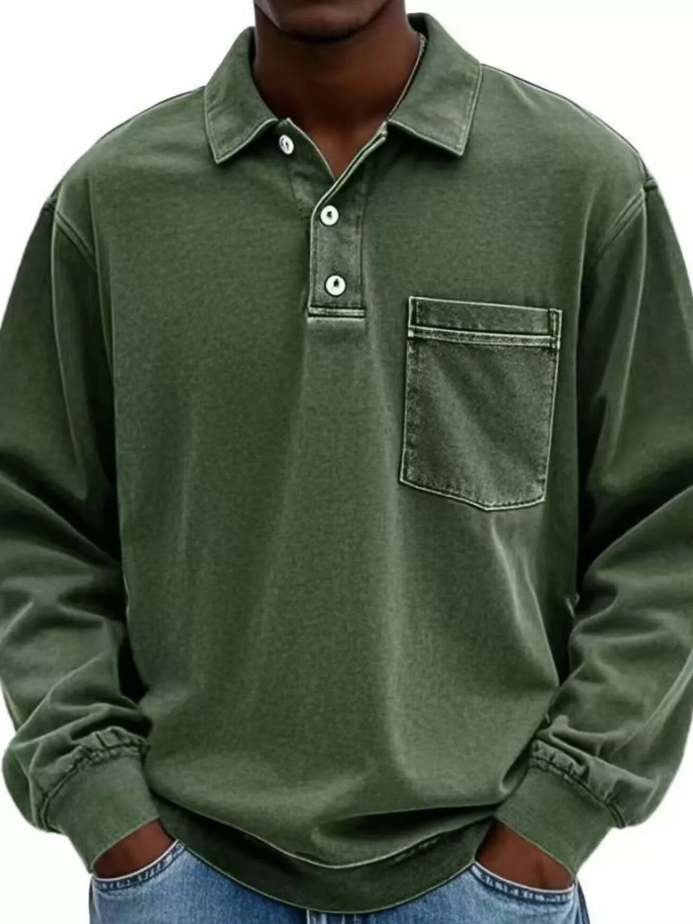 Men's Full Size Vintage Button Detail Long Sleeve Polo Plus Size - PBNJ FASHIONS
