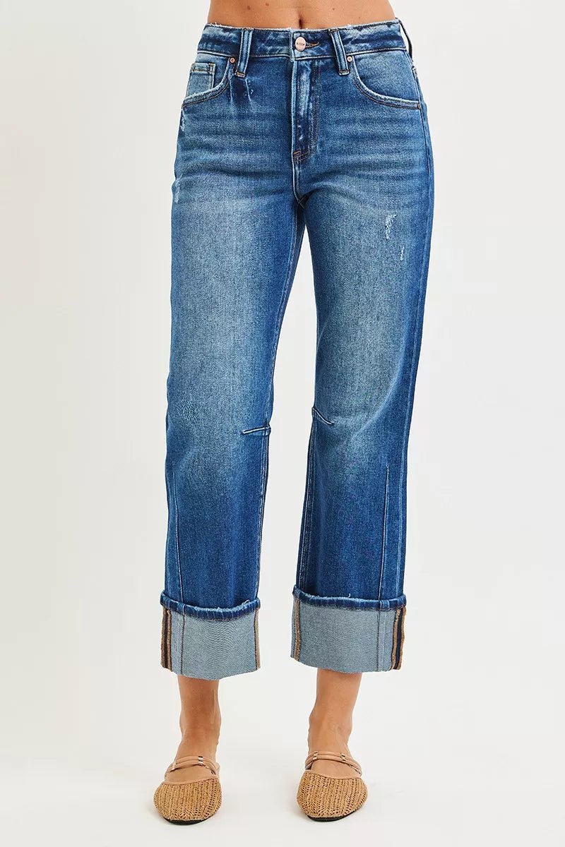 RISEN High Rise Straight Jeans with Distressed Hem - PBNJ FASHIONS