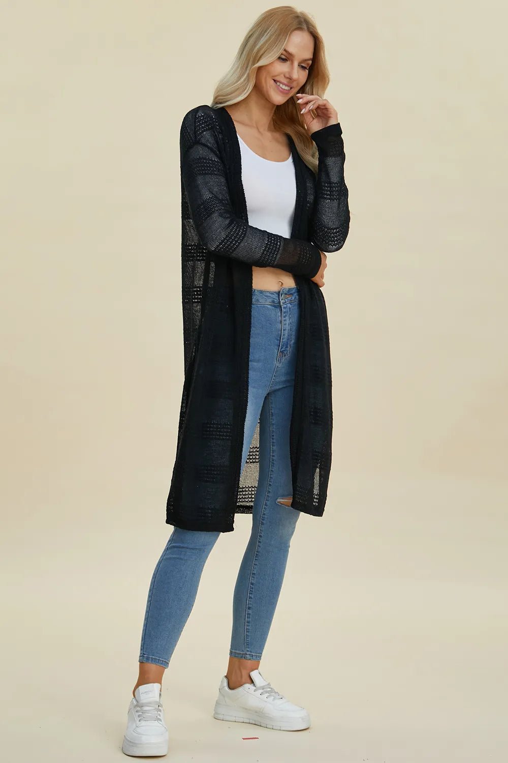 Double Take Full Size Open Front Longline Cardigan - PBNJ FASHIONS