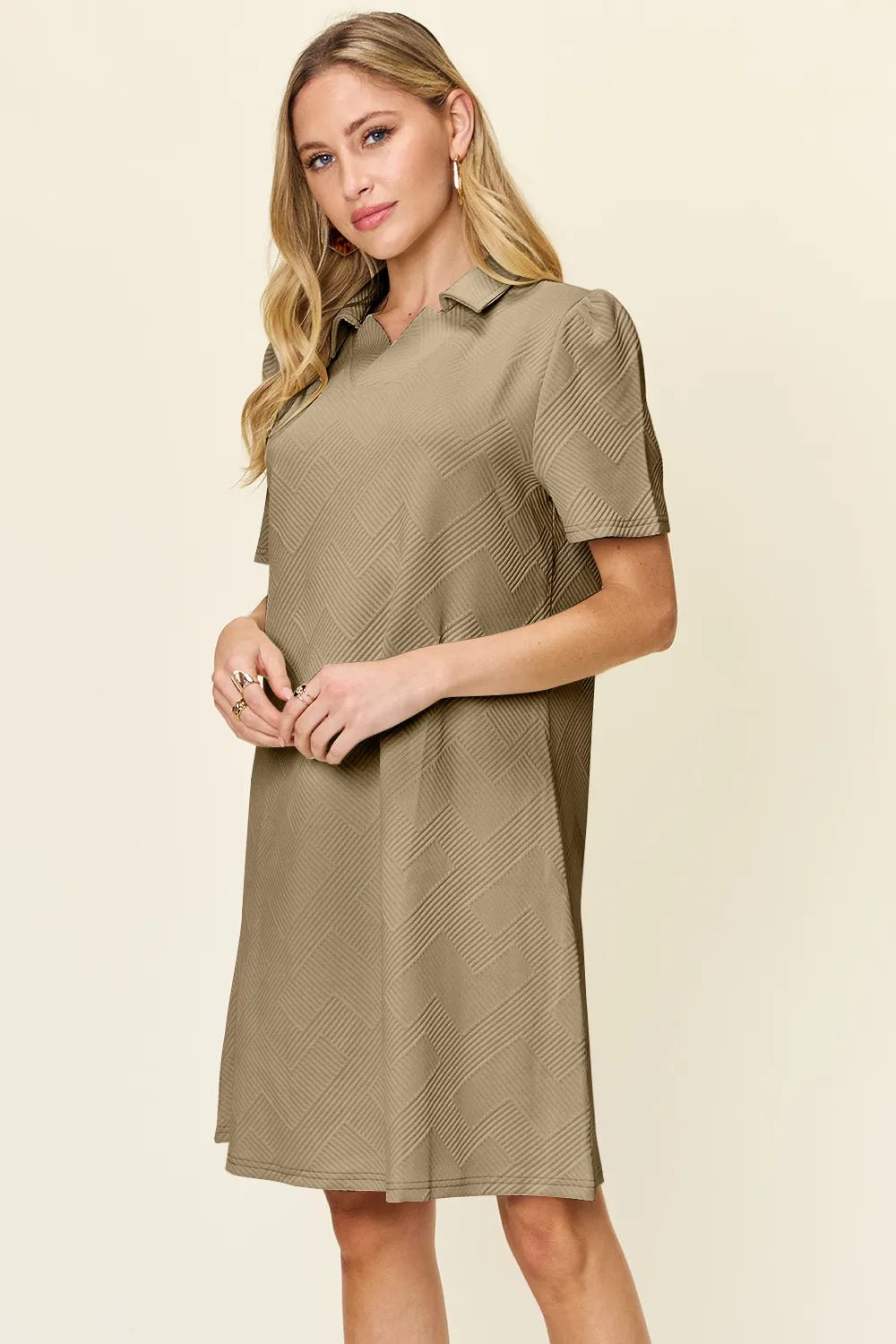 Double Take Full Size Texture Collared Neck Short Sleeve Dress - PBNJ FASHIONS