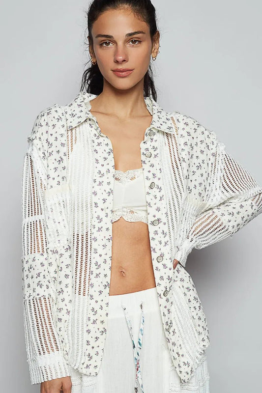 POL Floral Crochet Patchwork Long Sleeve Shirt - PBNJ FASHIONS