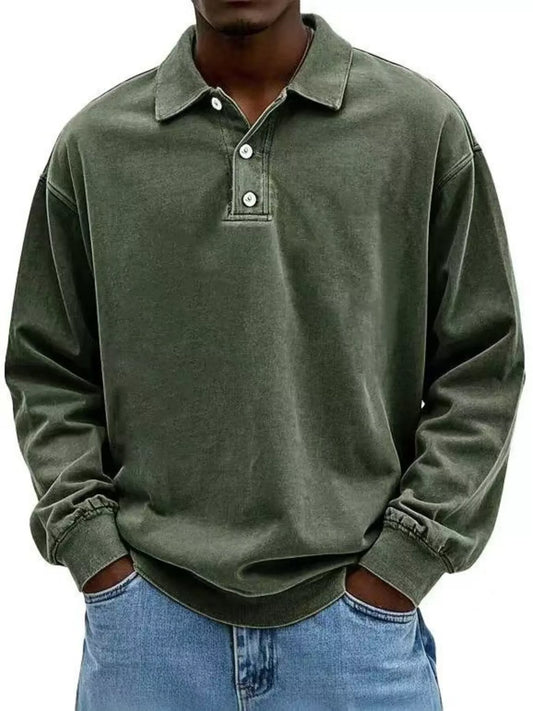 Men's Full Size Washed Long Sleeve Polo Plus Size - PBNJ FASHIONS