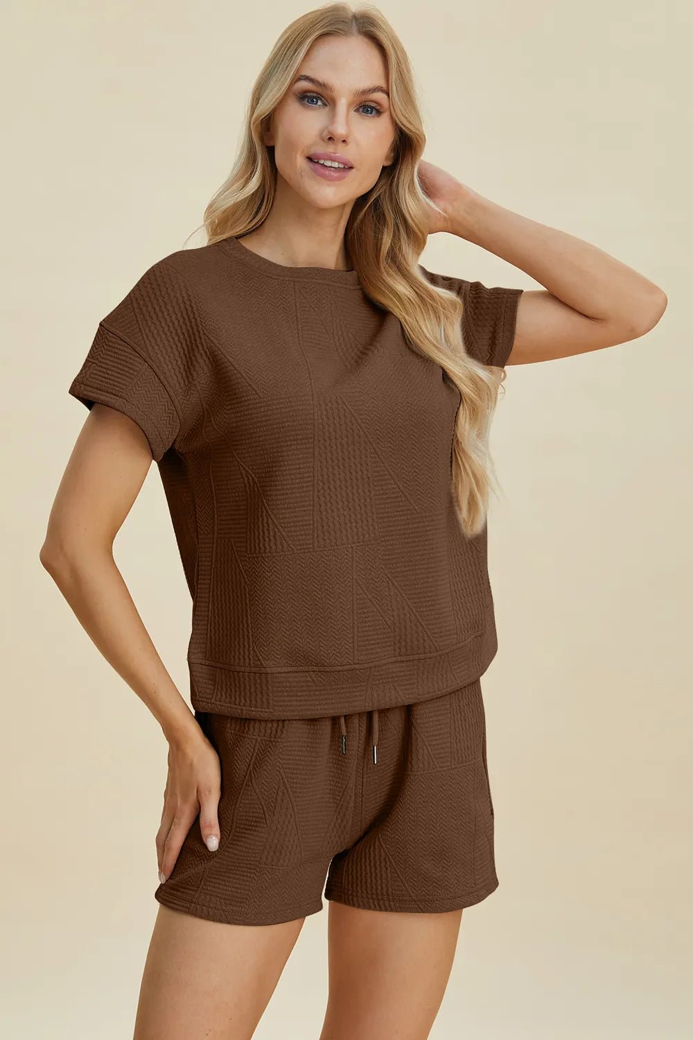 Double Take Full Size Texture Short Sleeve Top and Shorts Set - PBNJ FASHIONS