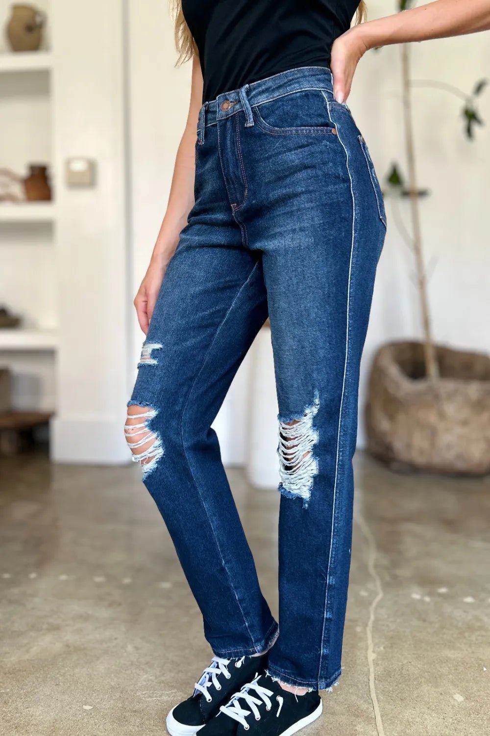 Judy Blue Full Size High Waist Rigid Magic Heavy Destroy Straight Jeans - PBNJ FASHIONS